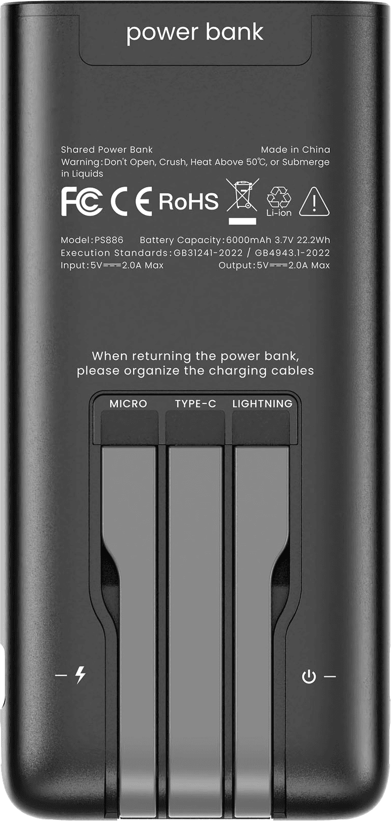 Power bank Recárgate — vista posterior con specs y 3 cables MICRO, TYPE-C, LIGHTNING
